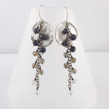 sapphire, labradorite and moonstone on heat textured disc earrings