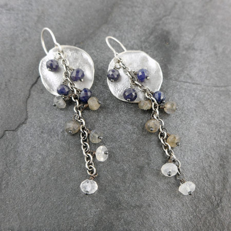 sapphire, labradorite and moonstone on heat textured disc earrings