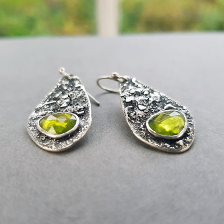 Textured silver drop earrings with peridot