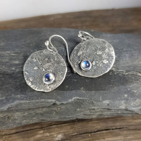 Rainbow Moonstone and textured silver drop earrings