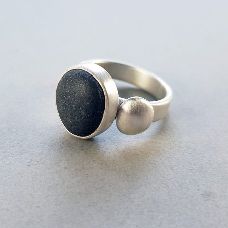 Beach pebble and silver pebble ring in brushed silver