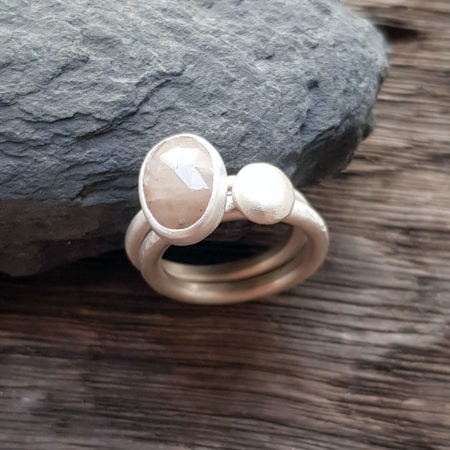 Taupe sapphire and silver pebble stacking rings