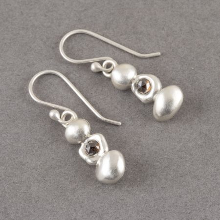 Silver pebble and champagne brown diamond earrings in brushed silver