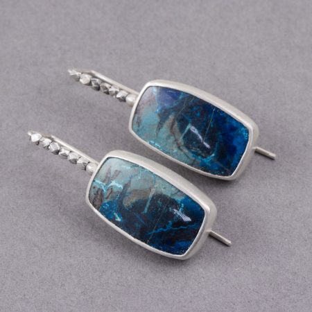 Handmade Azurite earrings in brushed sterling silver with embellished ear wires