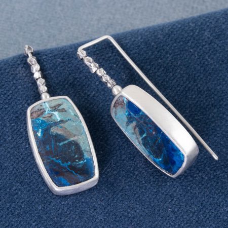 Side view of Azurite earrings in brushed sterling silver
