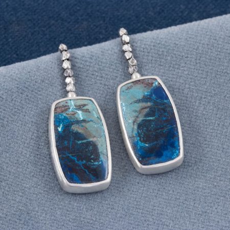 One of a kind Azurite earrings in brushed sterling silver with embellished ear wires
