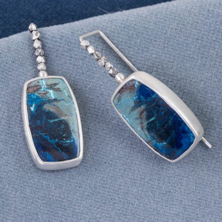 Azurite earrings in brushed sterling silver with embellished ear wires by Carin Lindberg