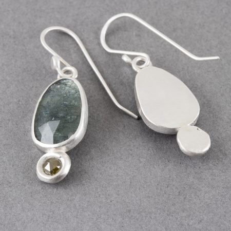 Handmade moss aquamarine and diamond drop earrings in brushed sterling silver