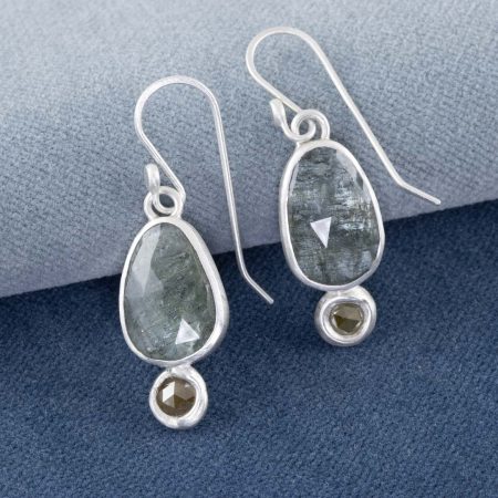 Moss aquamarine and diamond drop earrings in brushed sterling silver