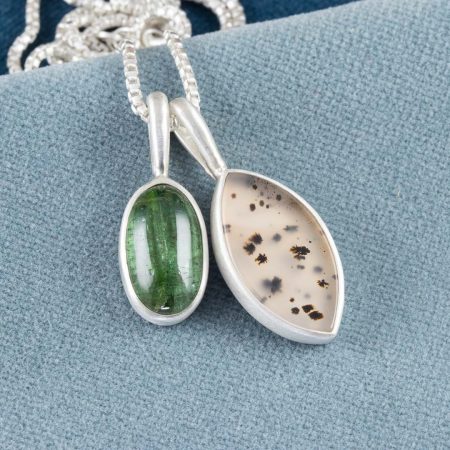 Green tourmaline and dendritic agate duo pendants in brushed sterling silver
