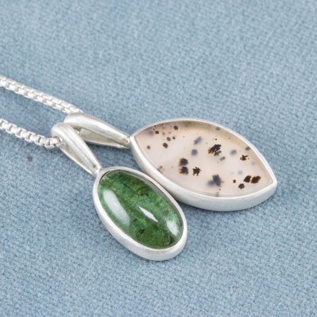 One of a kind green tourmaline and dendritic agate duo pendants in brushed sterling silver