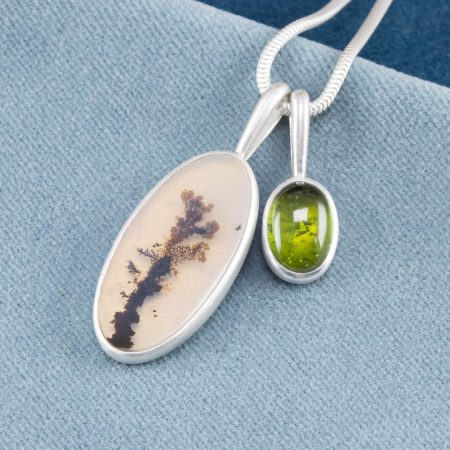Dendritic agate and green tourmaline duo pendants in brushed sterling silver