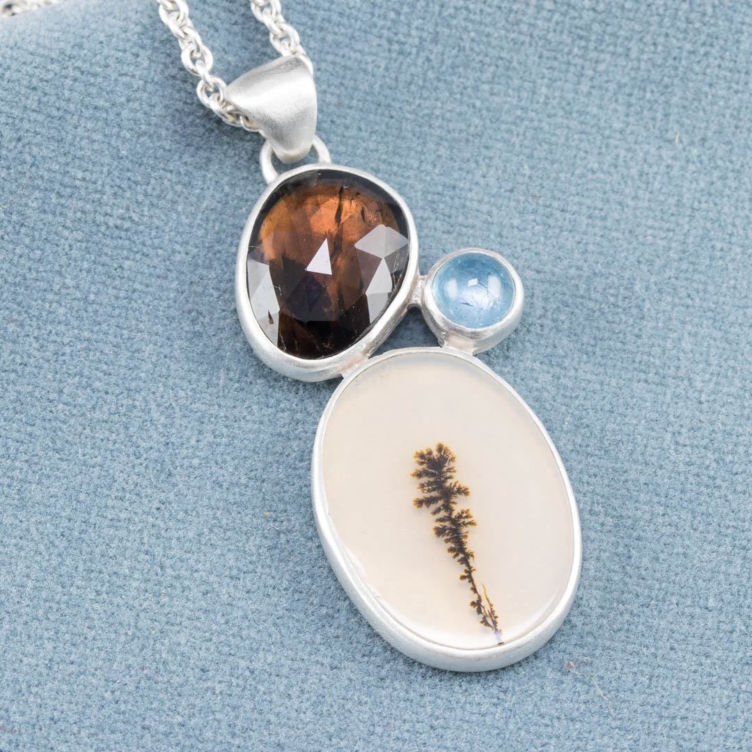 Dendritic agate, brown tourmaline and aquamarine pendant in frosted sterling silver