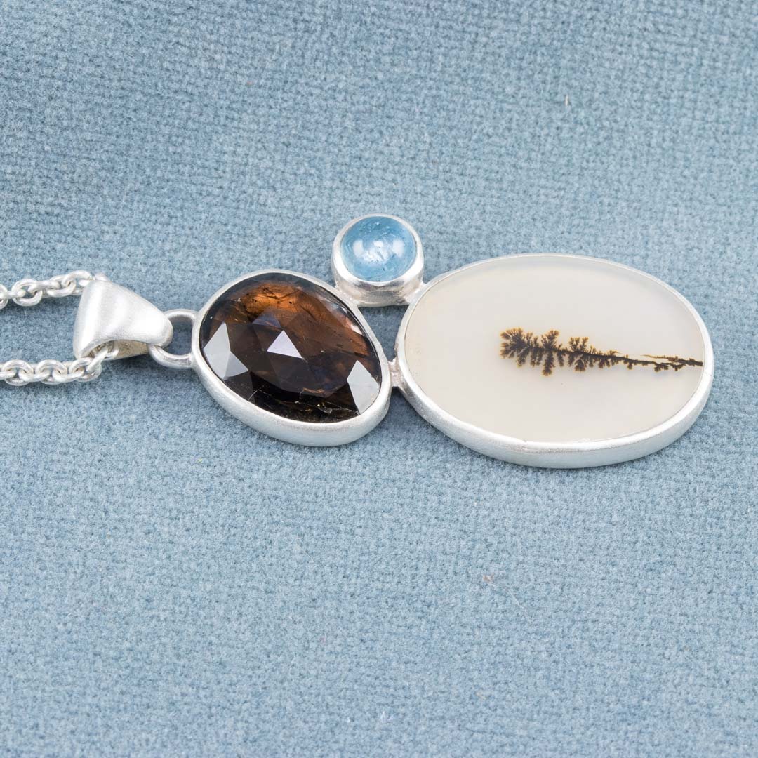 One of a kind dendritic agate, brown tourmaline and aquamarine pendant in brushed sterling silver