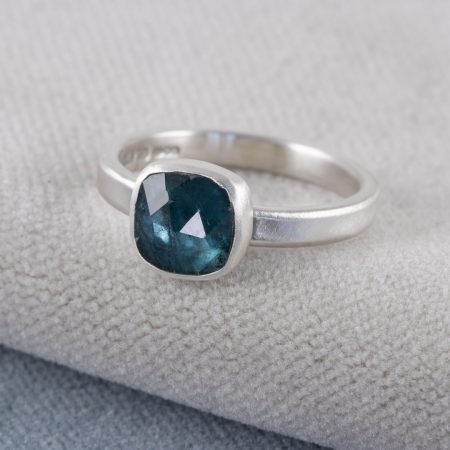 Teal blue tourmaline ring in brushed sterling silver, UK size O