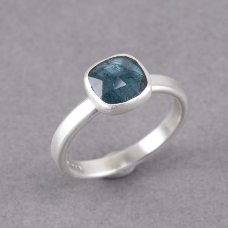 Teal blue tourmaline ring in brushed sterling silver by Carin Lindberg