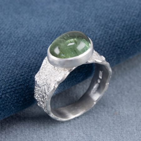 One of a kind green tourmaline ring in textured sterling silver, UK size P