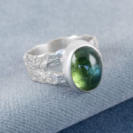 One of a kind green tourmaline ring in bright textured sterling silver