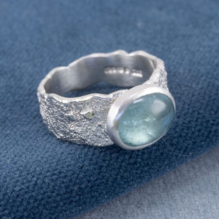 One of a kind blue tourmaline ring in textured sterling silver, UK size N