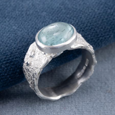 Blue tourmaline ring in textured sterling silver, UK size N