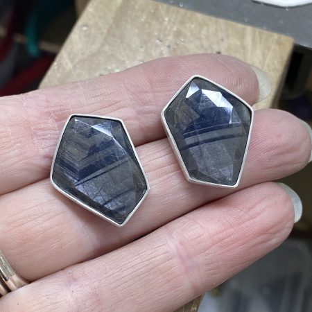 RESERVED: Grey blue sapphire stud earrings in brushed silver