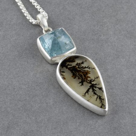 Dendritic agate and blue tourmaline pendant in sterling silver