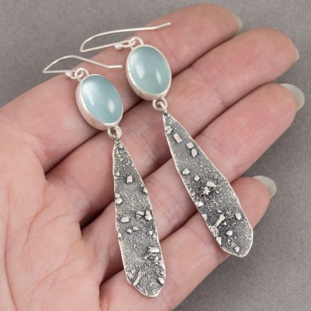 Handmade aquamarine drop earrings with coastal inspired textured sterling silver