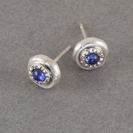 Blue sapphire stud earrings in textured sterling silver